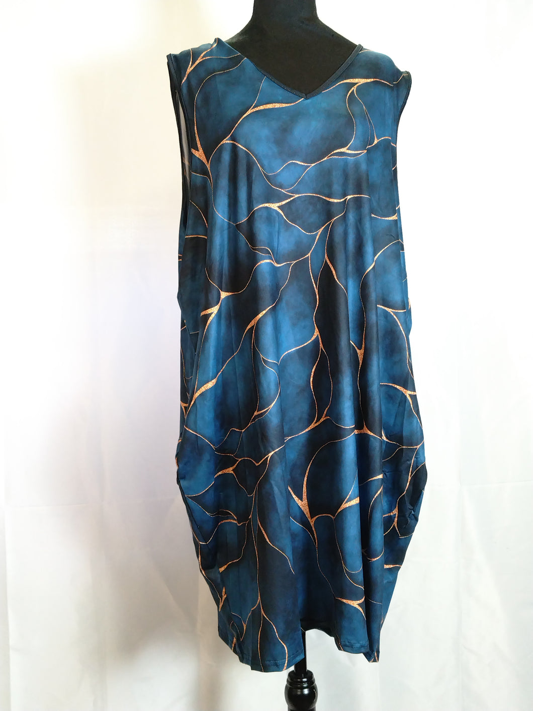 V Neck Sleeveless Blue Marble Print Casual Dress